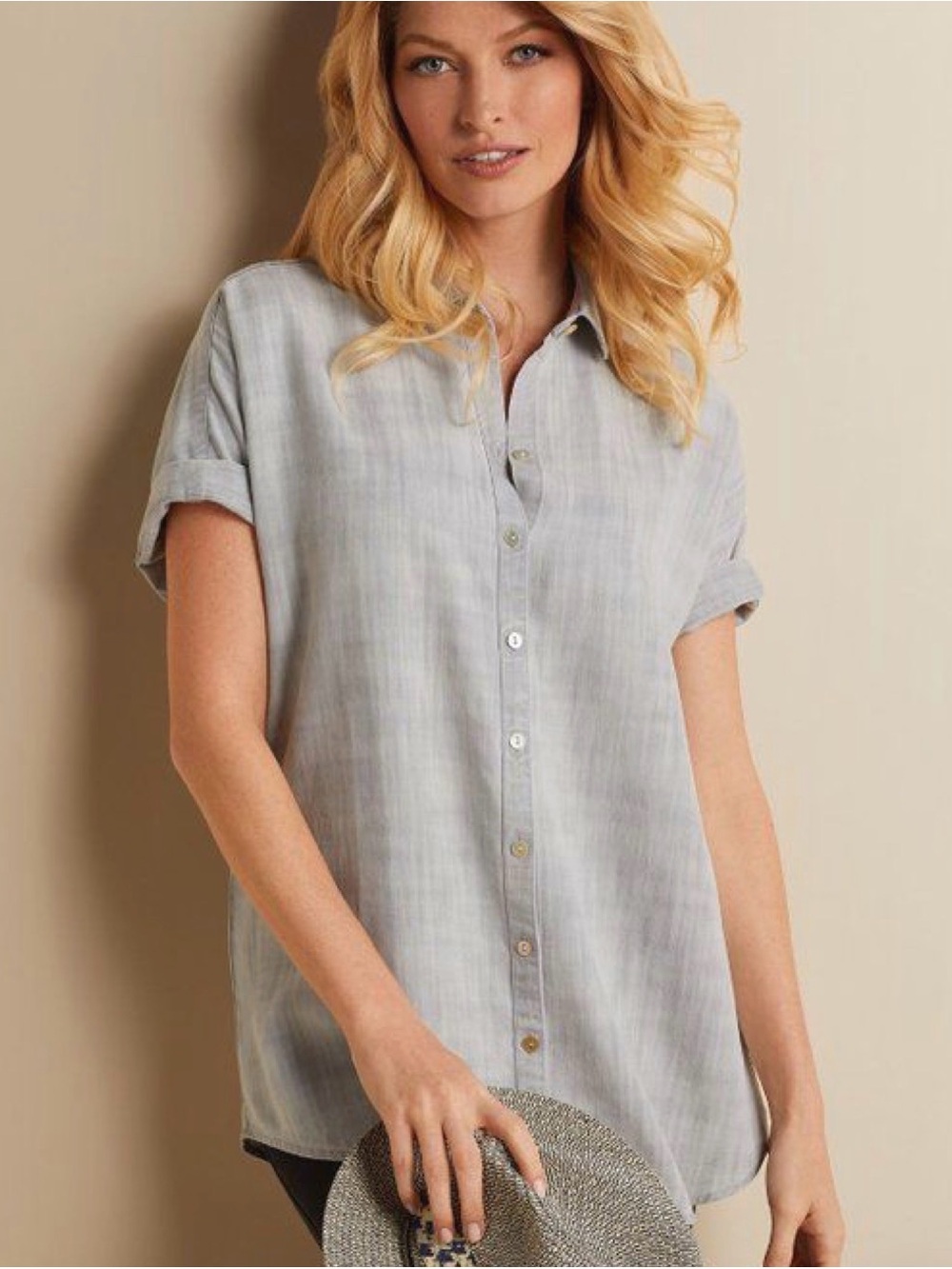 Soft Surroundings Je Veux TENCEL Light Gray Short-Sleeve Button-Front Top Sz 1X